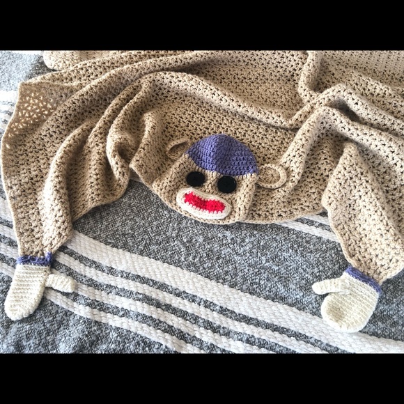 Crochet Hooded sock monkey child baby blanket - Picture 2 of 2